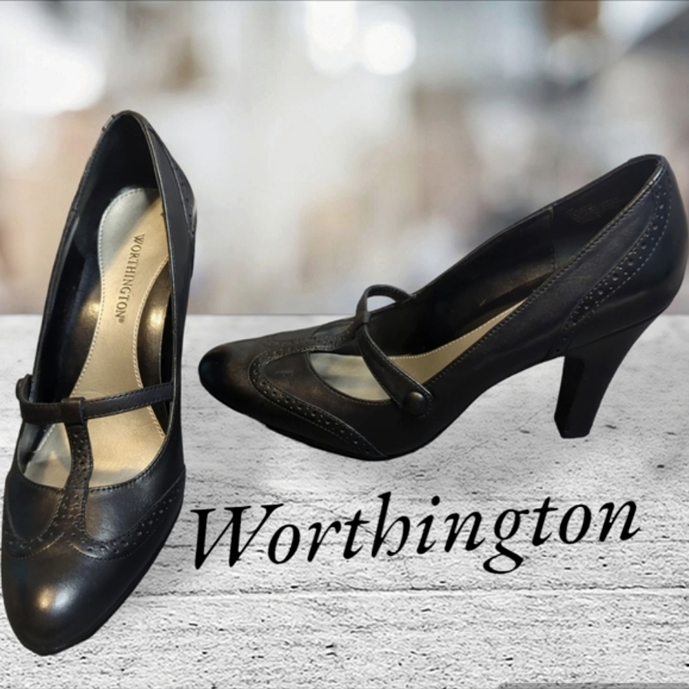 Worthington Black Leather Mary Jane 3.5" Heels Elastic embellished button Size 8